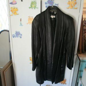 Woman's Black 3/4 length black leather coat  with swing. Fits a size 14.